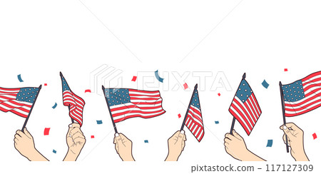 Hand holding and waving america flag on white isolated background . Vector . 117127309