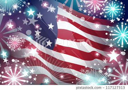 American flag with fireworks background . Vector . 117127313