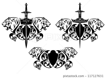 roaring tiger with king crown, shield, sword and roses black and white vector heraldic design 117127631