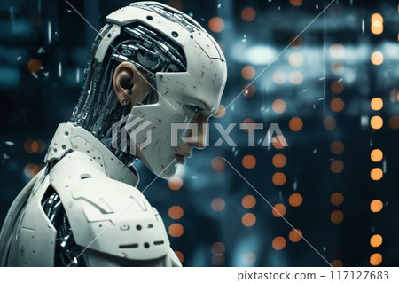 android robot works with computer and data against background of abstract digital space with holographic elements and lights, cyber future android robot works with computer and data against background of abstract digital space with holographic elements and lights, cyber future 117127683