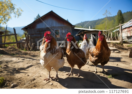 Portrait of chickens on a ranch in the village, bright sunny day, rural surroundings on the background of spring nature Portrait of chickens on a ranch in the village, bright sunny day, rural surroundings on the background of spring nature 117127691