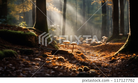 a beautiful autumn landscape with fallen leaves in a forest glade at sunset, sunlight and beautiful nature 117127702