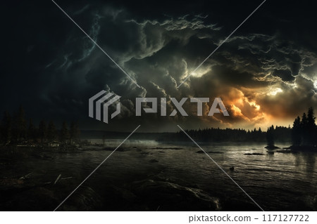 night landscape, dark dramatic stormy sky with cumulus clouds over forest and river, for abstract background 117127722