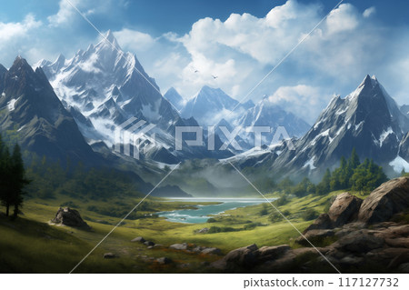 a beautiful landscape with mountains at sunset, sunlight in a dramatic sky with clouds, beautiful nature 117127732