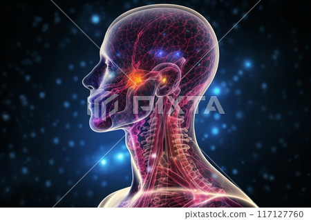 silhouette of a human body with neural connections around head and brain in form of a hologram on a dark background with light, an abstraction of digital art, concept of biotechnology of future 117127760