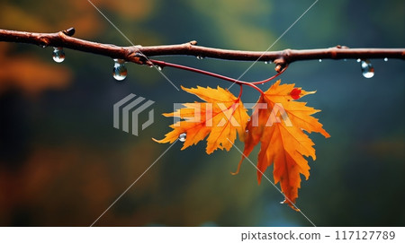 beautiful autumn landscape with yellow leaves with dew on the branches of trees in the forest at sunset, sunlight and beautiful nature 117127789