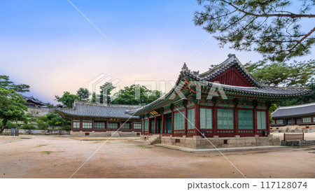 The Pavilion around the Changgyeonggung Palace, featuring a traditional Korean wooden building with ornate roofing and intricate architecture. 117128074