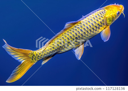 A stunning golden koi fish with radiant scales swims elegantly in serene blue waters, showcasing its beauty and grace. 117128136