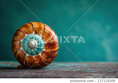 A beautifully textured sea shell rests on a vibrant teal background, showcasing its intricate spirals and natural hues. 117128209