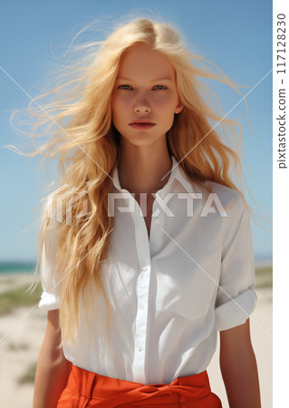 portrait of a beautiful European girl, blonde, in a white blouse and red skirt, concept, style and glamour 117128230
