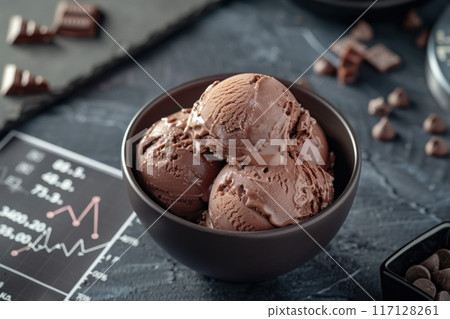 Three scoops of rich, creamy chocolate ice cream rest in a rustic bowl, surrounded by chocolate treats and a textured backdrop. 117128261
