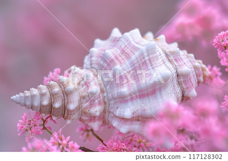 A stunning conch shell showcases intricate patterns, gracefully positioned against a soft coral backdrop, highlighting natures artistry. 117128302