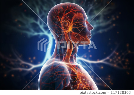 silhouette of a human body with the blood circulatory system and neural connections around head and brain in form of a hologram on a dark background with light, biotechnology concept 117128303