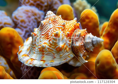 A delicate conch shell is gracefully placed atop a vivid coral background, showcasing the beauty of marine life in a tranquil underwater setting. 117128304