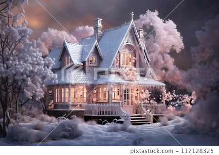 village street in winter season decorated for Christmas or New Year holiday, beautiful view of exteriors of houses , snow, sunset, street lights, festive environment 117128325