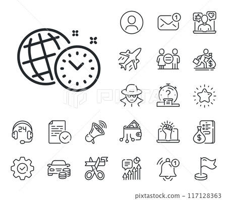 World clock sign. Salaryman, gender equality and alert bell outline icons. Time management line icon. Watch symbol. Time management line sign. Spy or profile placeholder icon. Vector World clock sign. Salaryman, gender equality and alert bell outline icons. Time management line icon. Watch symbol. Time management line sign. Spy or profile placeholder icon. Vector 117128363