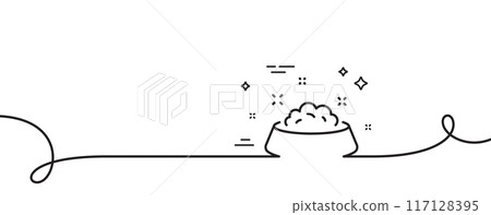 Dog feeding line icon. Continuous one line with curl. Pets food sign. Pet bowl symbol. Dog feeding single outline ribbon. Loop curve pattern. Vector 117128395