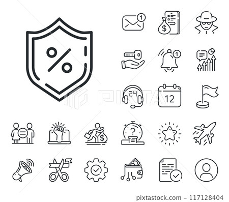 Protection shield sign. Salaryman, gender equality and alert bell outline icons. Loan percent line icon. Credit percentage symbol. Loan percent line sign. Spy or profile placeholder icon. Vector 117128404