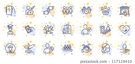 Outline set of Identity confirmed, Group and Lgbt line icons for web app. Include Water care, Safe time, Yummy smile pictogram icons. Fingerprint, Boat fishing, Pay money signs. Vector Outline set of Identity confirmed, Group and Lgbt line icons for web app. Include Water care, Safe time, Yummy smile pictogram icons. Fingerprint, Boat fishing, Pay money signs. Vector 117128410