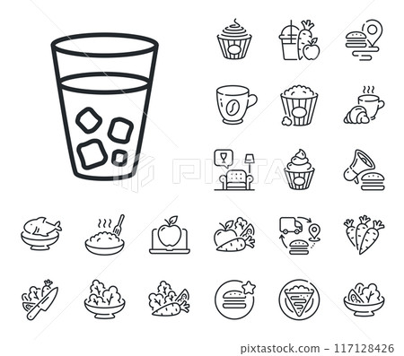 Soda drink sign. Crepe, sweet popcorn and salad outline icons. Ice tea line icon. Fresh cold beverage symbol. Ice tea line sign. Pasta spaghetti, fresh juice icon. Supply chain. Vector 117128426
