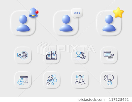 Elephant on ball, Squad and Petrol station line icons. Placeholder with 3d star, reminder bell, chat. Pack of Wholesale inventory, Fitness calendar, Calendar icon. Vector 117128431