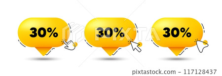 30 percent off sale tag. Click here buttons. Discount offer price sign. Special offer symbol. Discount speech bubble chat message. Talk box infographics. Vector 117128437