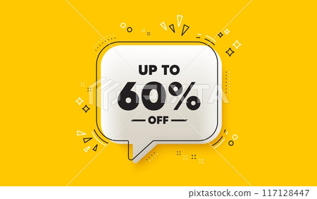 Up to 60 percent off sale. 3d speech bubble yellow banner. Discount offer price sign. Special offer symbol. Save 60 percentages. Discount tag chat speech bubble message. Talk box infographics. Vector 117128447