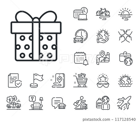 Present or Sale sign. Plane jet, travel map and baggage claim outline icons. Gift box line icon. Birthday Shopping symbol. Package in Gift Wrap. Gift box line sign. Vector 117128540
