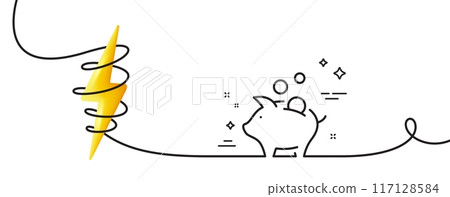 Piggy bank line icon. Continuous one line with curl. Coins money sign. Business savings symbol. Piggy bank single outline ribbon. Loop curve with energy. Vector 117128584
