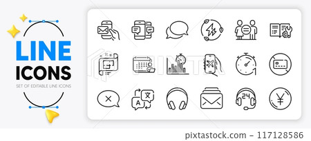 Report timer, Architectural plan and Headphones line icons set for app include Flight mode, Translate, Timer outline thin icon. Equality, Smartphone sms, Messenger pictogram icon. Reject. Vector 117128586