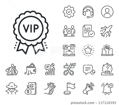 Very important person medal sign. Salaryman, gender equality and alert bell outline icons. Vip award line icon. Member club privilege symbol. Vip award line sign. Vector 117128593