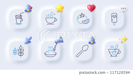 Gluten free, Ice cream and Porridge line icons. Buttons with 3d bell, chat speech, cursor. Pack of Cocktail, Coffee cup, Tea cup icon. Spoon, Tomato pictogram. For web app, printing. Vector 117128594