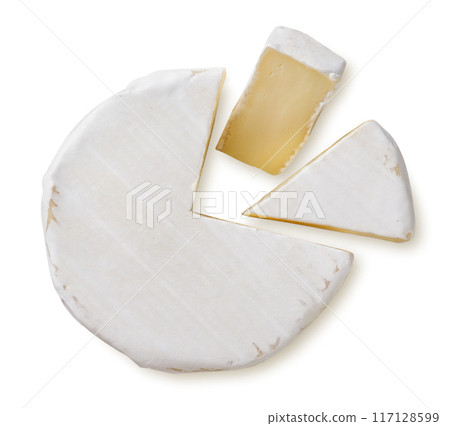 Camembert cheese close-up on a white. Top view 117128599