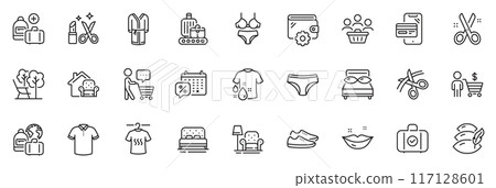 Icons pack as Online shopping, T-shirt and Add handbag line icons for app include Baggage belt, Pillow, Scissors outline thin icon web set. Buyer think, Carry-on baggage, Pillows pictogram. Vector 117128601