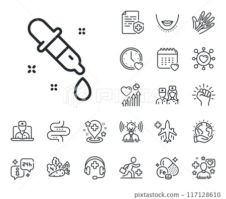 Laboratory sign. Online doctor, patient and medicine outline icons. Chemistry pipette line icon. Analysis lab symbol. Chemistry pipette line sign. Veins, nerves and cosmetic procedure icon. Vector 117128610