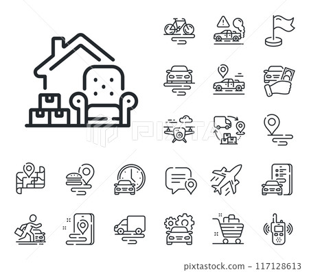 Home moving sign. Plane, supply chain and place location outline icons. Packing things line icon. Delivery service symbol. Packing things line sign. Taxi transport, rent a bike icon. Vector 117128613
