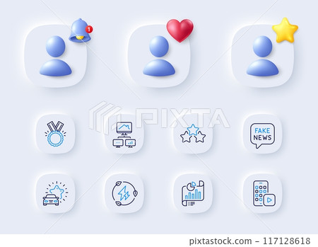 Honor, Report document and Green electricity line icons. Placeholder with 3d bell, star, heart. Pack of Car review, Fake news, Work home icon. Ranking stars, Phone app pictogram. Vector 117128618