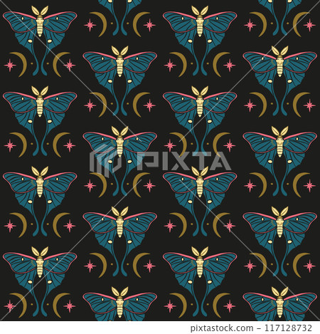 Seamless pattern with celestial luna moth and paisley motif. Stars and moons boho wallpaper 117128732