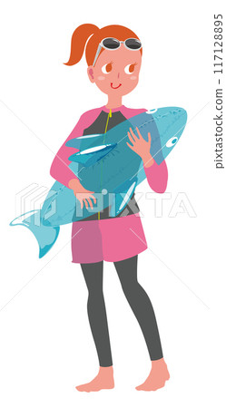 A girl in a swimsuit holding a dolphin float A girl in a swimsuit holding a dolphin float 117128895
