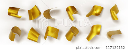 Gold foil flying in air isolated 3d render icon set. Realistic curve wrapping paper sheet, curl fabric or plastic shiny material, confetti design element falling down, metal texture. 3D illustration 117129132