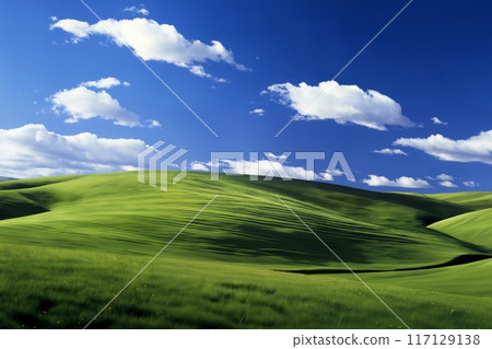 A beautiful, perfect landscape with green grass on hills and green fields. The sky is filled with white clouds and bright sunlight. There are also shadows that create a sense of depth and realism. 117129138