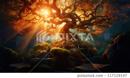 beautiful autumn landscape at sunset, an old big tree in the forest, sunlight shines through with twisting branches, moss and stones, beautiful nature 117129147