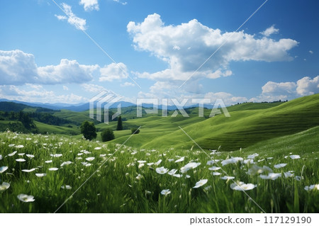 a beautiful summer landscape, green grass and wild flowers in the valley, mountains in the distance and sky with white clouds 117129190