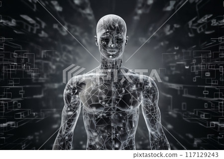 a robot with human body made of disintegrating squares and cubes, standing in front of a digital background with abstract particles in space, cybernetics, computer rendering 117129243