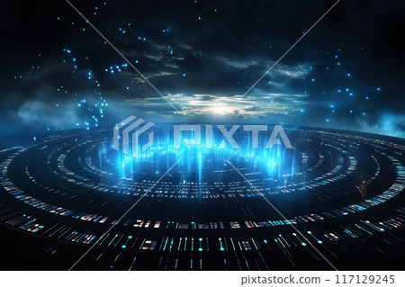 surface of earth planet with futuristic computer technology and mega city, digital connections with hologram and glow against background of space, concept of globalization and urbanization 117129245