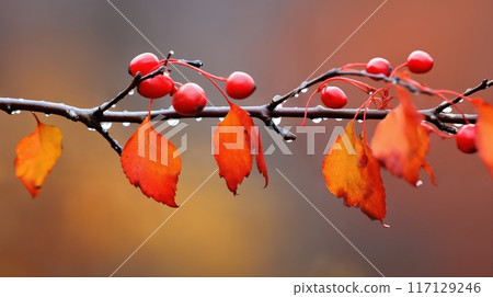 beautiful autumn landscape with yellow leaves with dew on the branches of trees in the forest at sunset, sunlight and beautiful nature 117129246