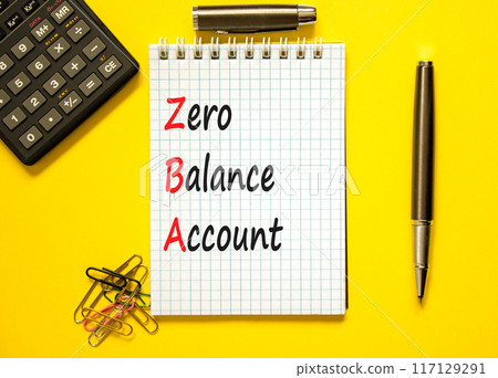 ZBA zero balance account symbol. Concept words ZBA zero balance account on beautiful white note. Beautiful yellow background. Black calculator. Business ZBA zero balance account concept. Copy space. ZBA zero balance account symbol. Concept words ZBA zero balance account on beautiful white note. Beautiful yellow background. Black calculator. Business ZBA zero balance account concept. Copy space. 117129291