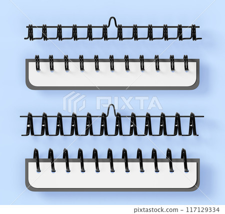 3d set of notebook spirals, black wire springs and ring binding pages for calendar, diary, notepad, note book isolated on blue background. Realistic binders with paper sheet border. 3D illustration 117129334