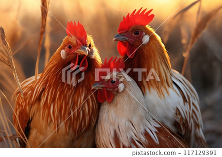 Portrait of chickens in a field at sunset, bright sunlight, on a ranch in the village, rural surroundings on the background of spring nature 117129391
