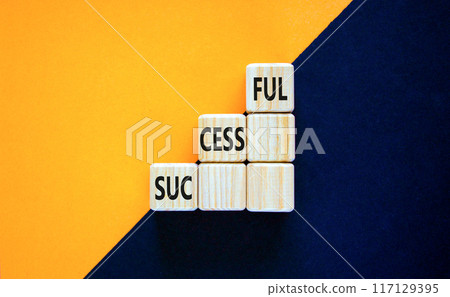 Successful symbol. Concept word Successful on beautiful wooden cubes. Beautiful orange black background. Business successful concept. Copy space. Successful symbol. Concept word Successful on beautiful wooden cubes. Beautiful orange black background. Business successful concept. Copy space. 117129395